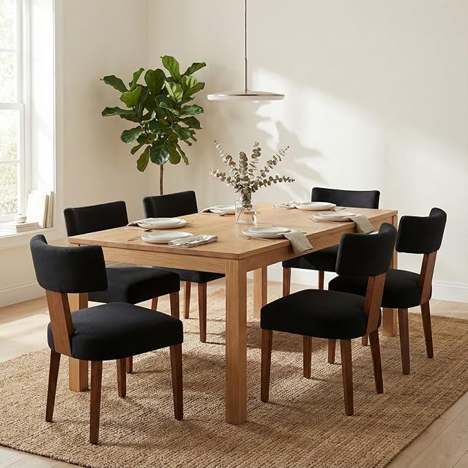 Dining Chairs Set of 6 Upholstered Dining Chairs, Mid Century Modern Kitchen Chairs with Solid Wood Legs and Ergonomic Curved Backrest, Black Linen Fabric (Black, Set of 6)