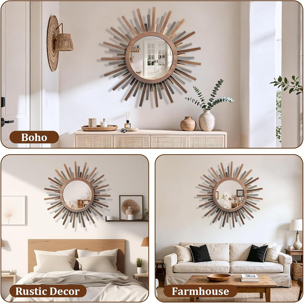 24 Inch Boho Sunburst Mirror, Decorative Rustic Farmhouse Wall Decor for Livi...