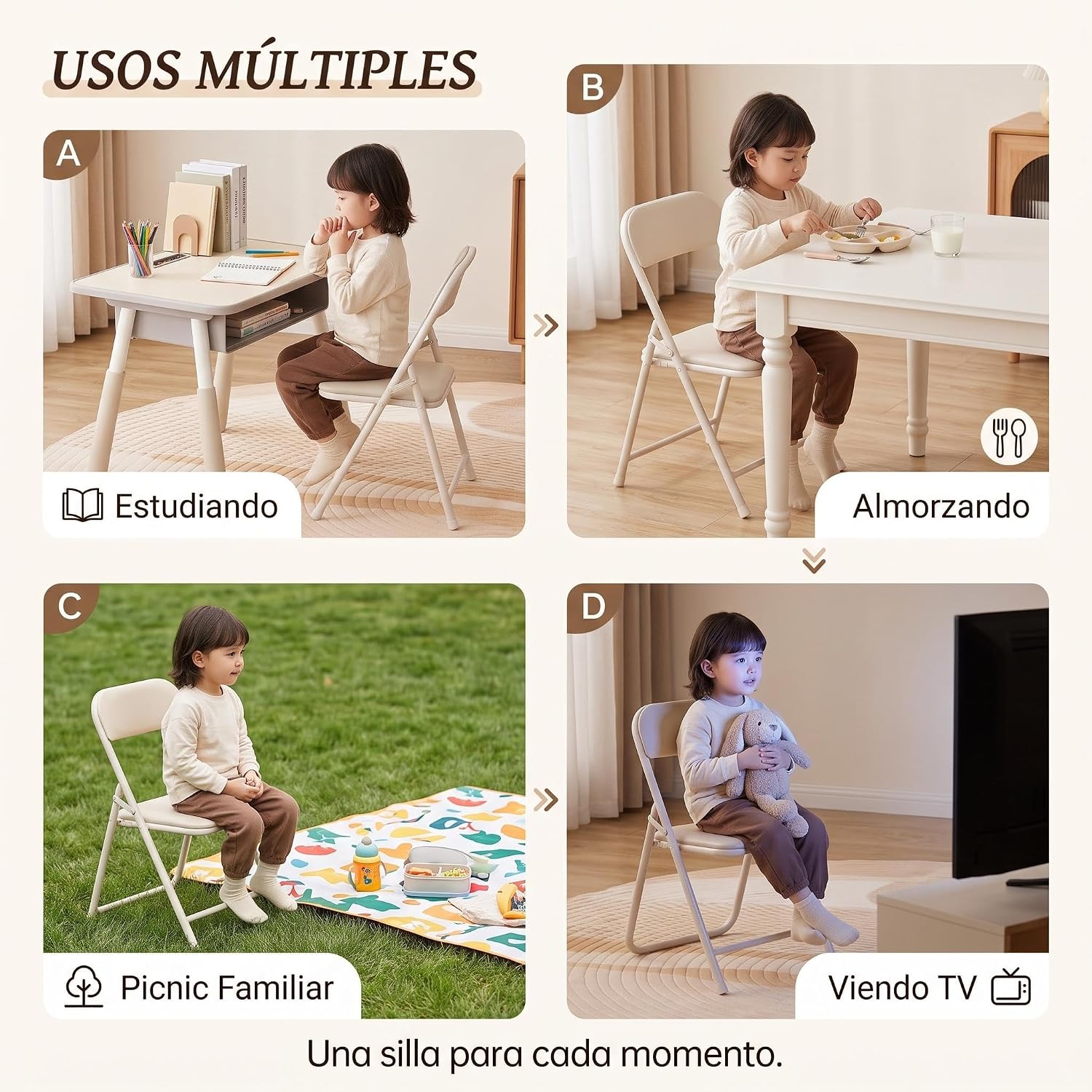 Kids Folding Chair Set 6-Pack, Plastic Chair with Metal Frame | Sturdy, Lightweight, Portable, Steel Frame, Easy Storage, Indoor Outdoor Use, Beige