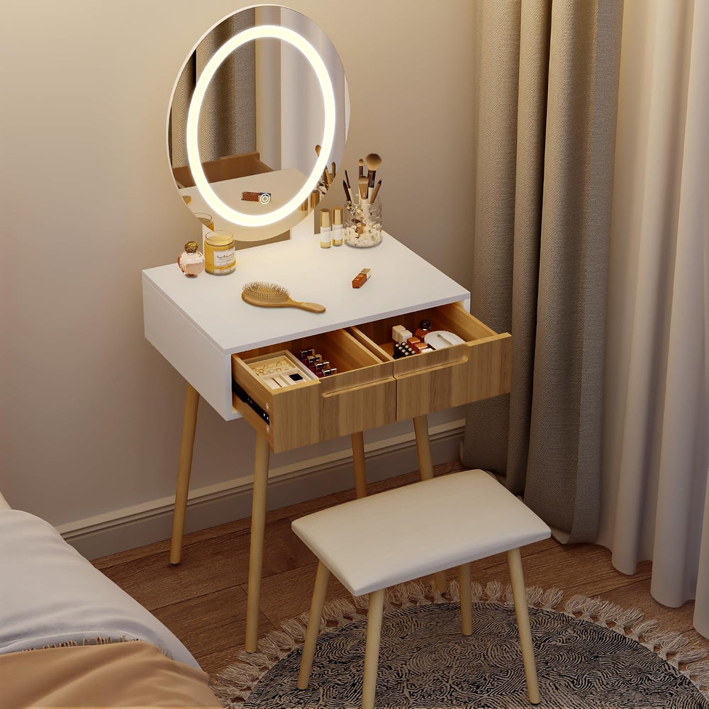 Small Vanity Desk with Mirror and Lights, Wooden Handles with Cushioned Stool...
