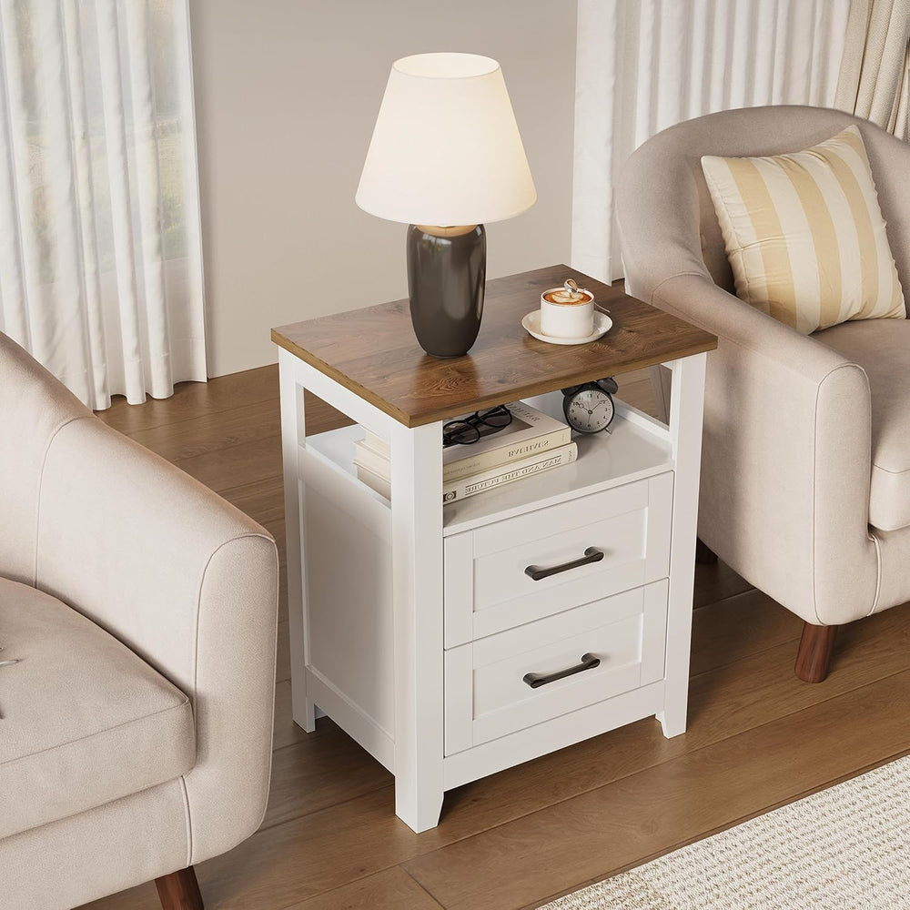 Decofy Farmhouse 2-Drawer Nightstand Set of 2 with Charging Station, White