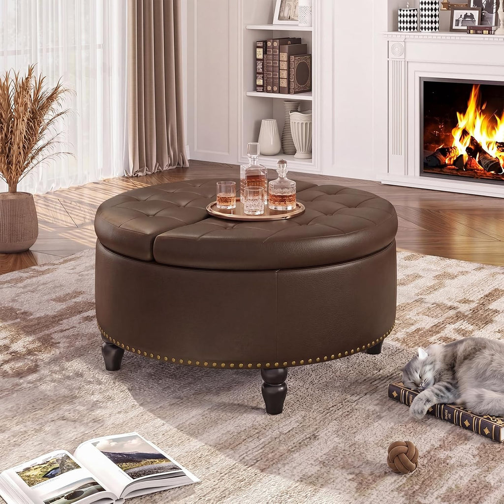 FiveWillowise 30 Inch Large Round Ottoman with Storage Circular,Chocolate | Leather Coffee Table with Lift Top,Modern Upholstered Button Tufted Footrest Stool Solid Wood Legs for Living Room,Bedroom