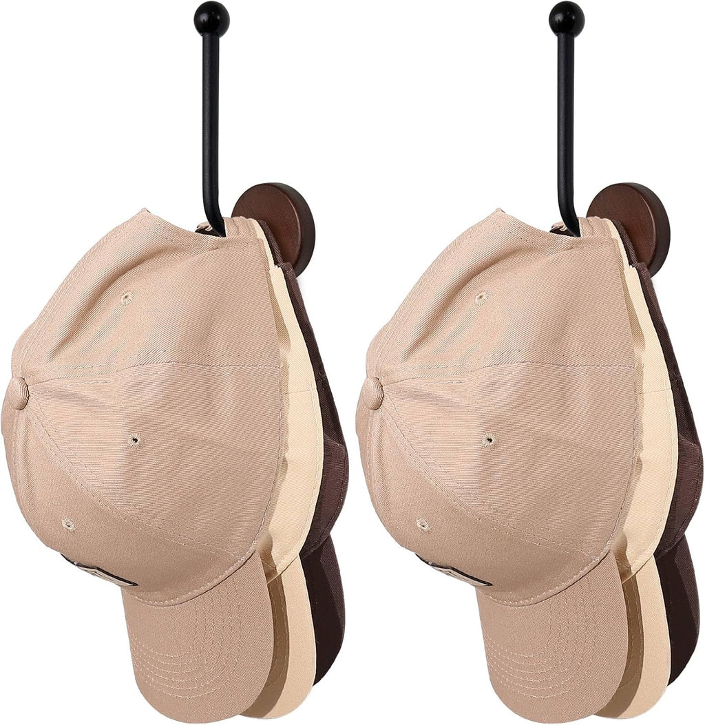 Adhesive Hat Holder Storage Organizer - Wall Mounted & Door Back Hat Rack with Wood Base & Metal Rod for Closet, Cabinet, Wardrobe (Black)