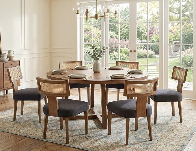 Rattan Dining Chairs Set of 6, Modern Fabric Upholstered Kitchen Chairs, Wooden Dining Room Chair Farmhouse Dinner Chair, Charcoal