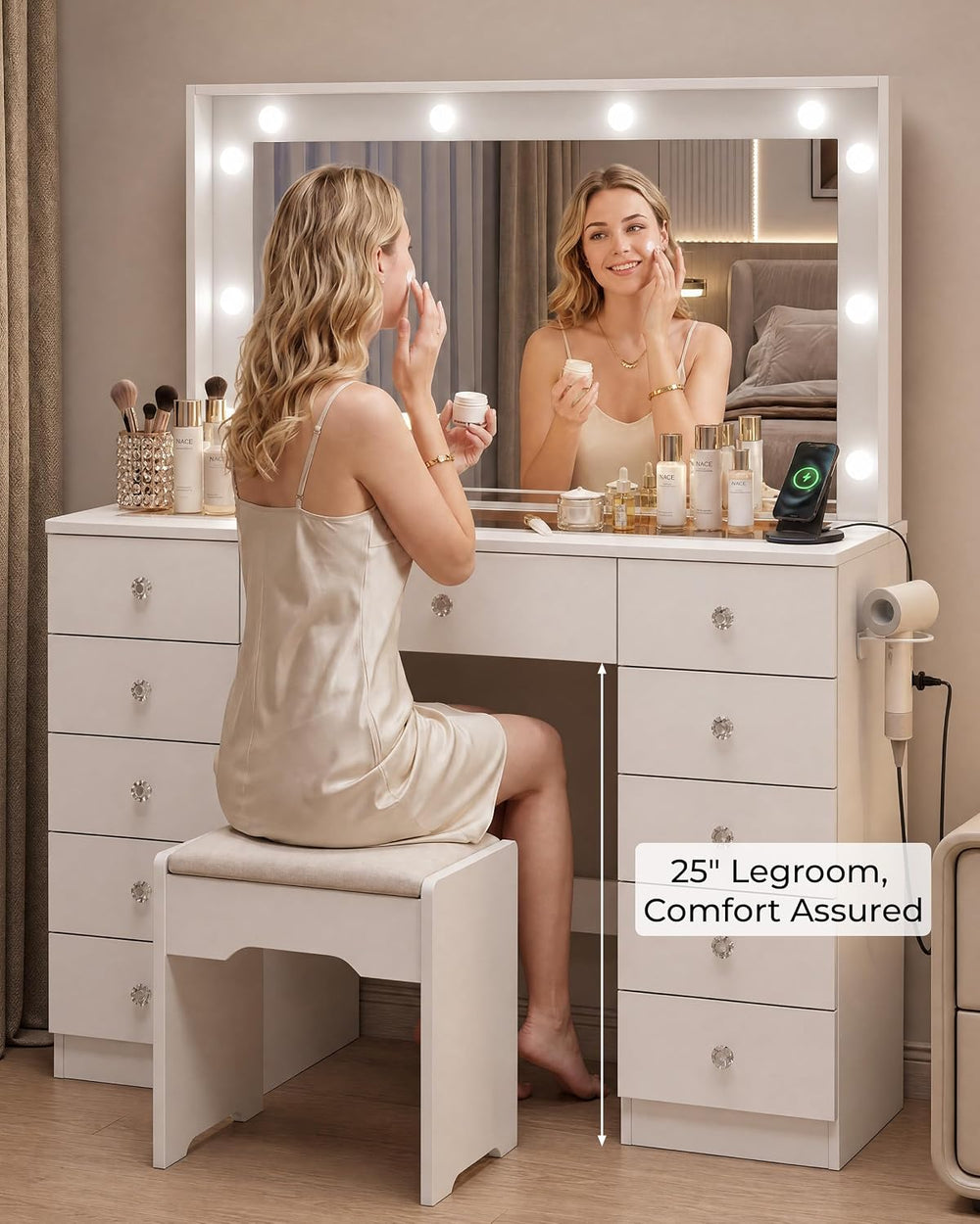 Otterease White Makeup Vanity with Mirror and Lights,11 Drawers & Glass T...