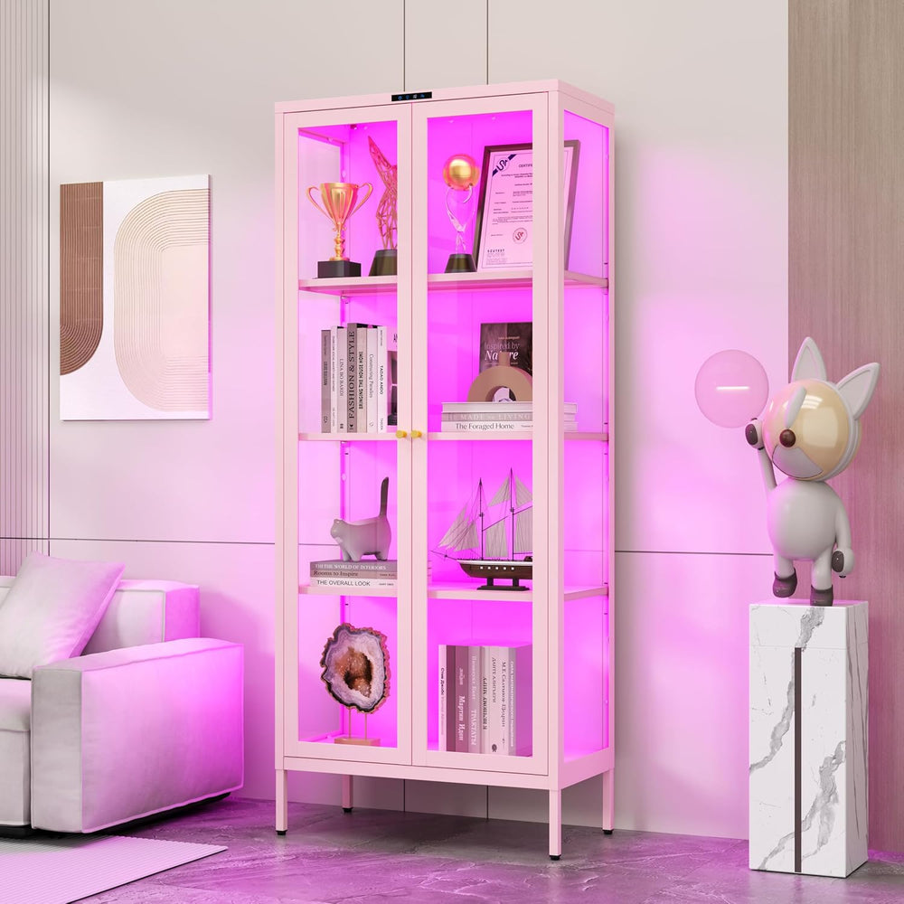 Polup Glass Display Cabinet with Glass Doors, Metal Curio Cabinet with 8-Colo...