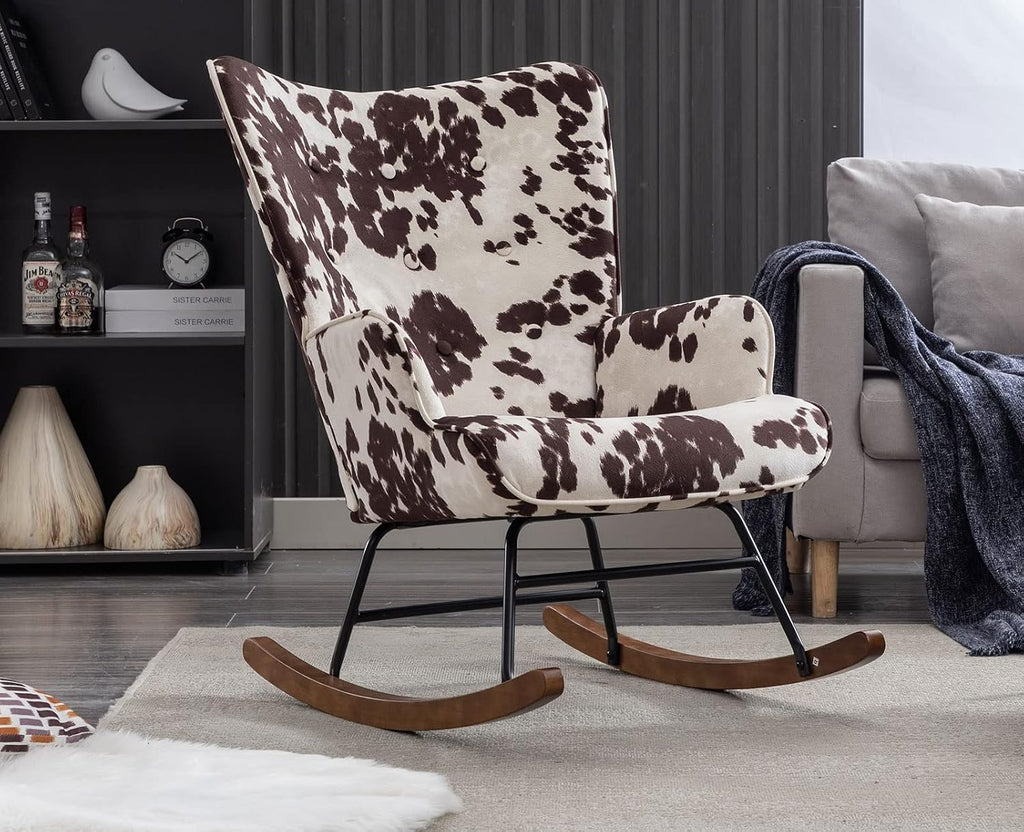 Shunzhi Modern Nursery Rocking Chair with Armrest, Upholstered Lazy Chair Tufted Side Chair Padded Reading Chair Comfy Club Chair Accent Chair for Living Room Bedroom Office Small Spaces, Cow