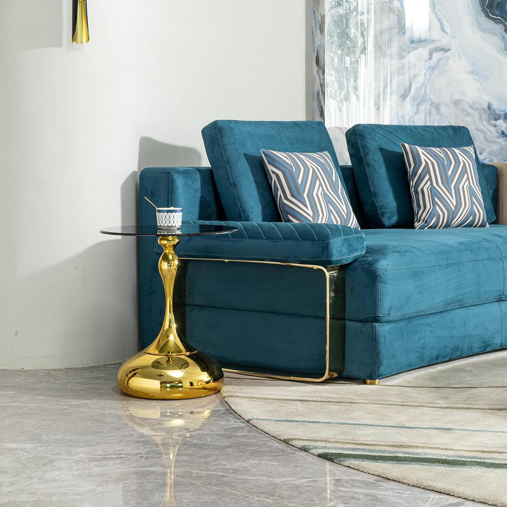 Luxury Round End Table Gold Metal Base 17.7inch Black Tempered Glass Top Mode...