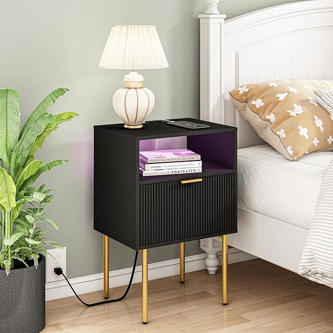 Modern Nightstand with Charging Station and LED Lights, Black Nightstand with...