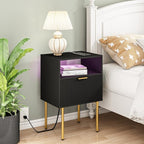 Modern Nightstand with Charging Station and LED Lights, Black Nightstand with Drawer, Fluted Nightstand for Living Room, Bedroom