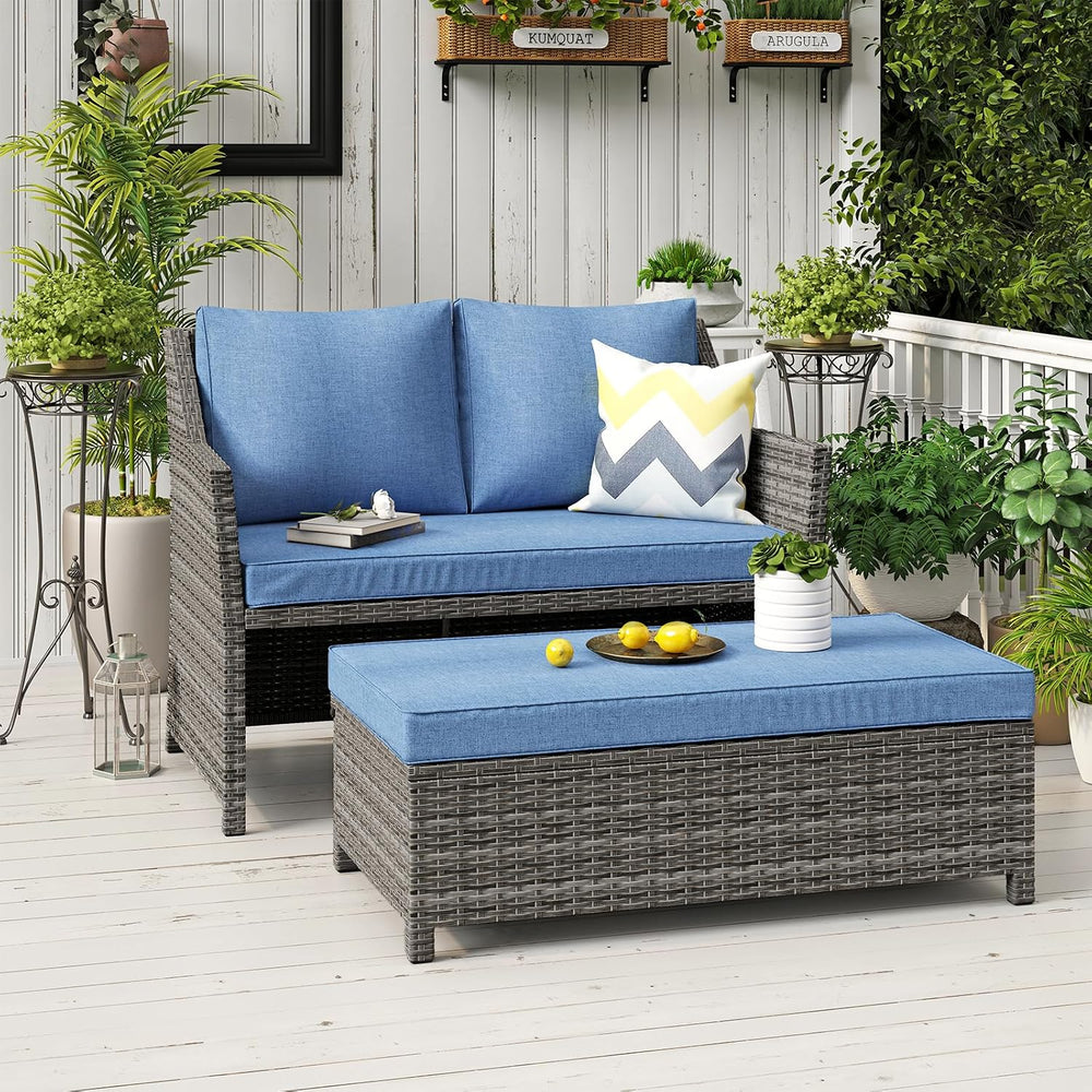 OC Orange-Casual Wicker Patio Loveseat w/Storage Ottoman, 2 Pcs, Navy Blue