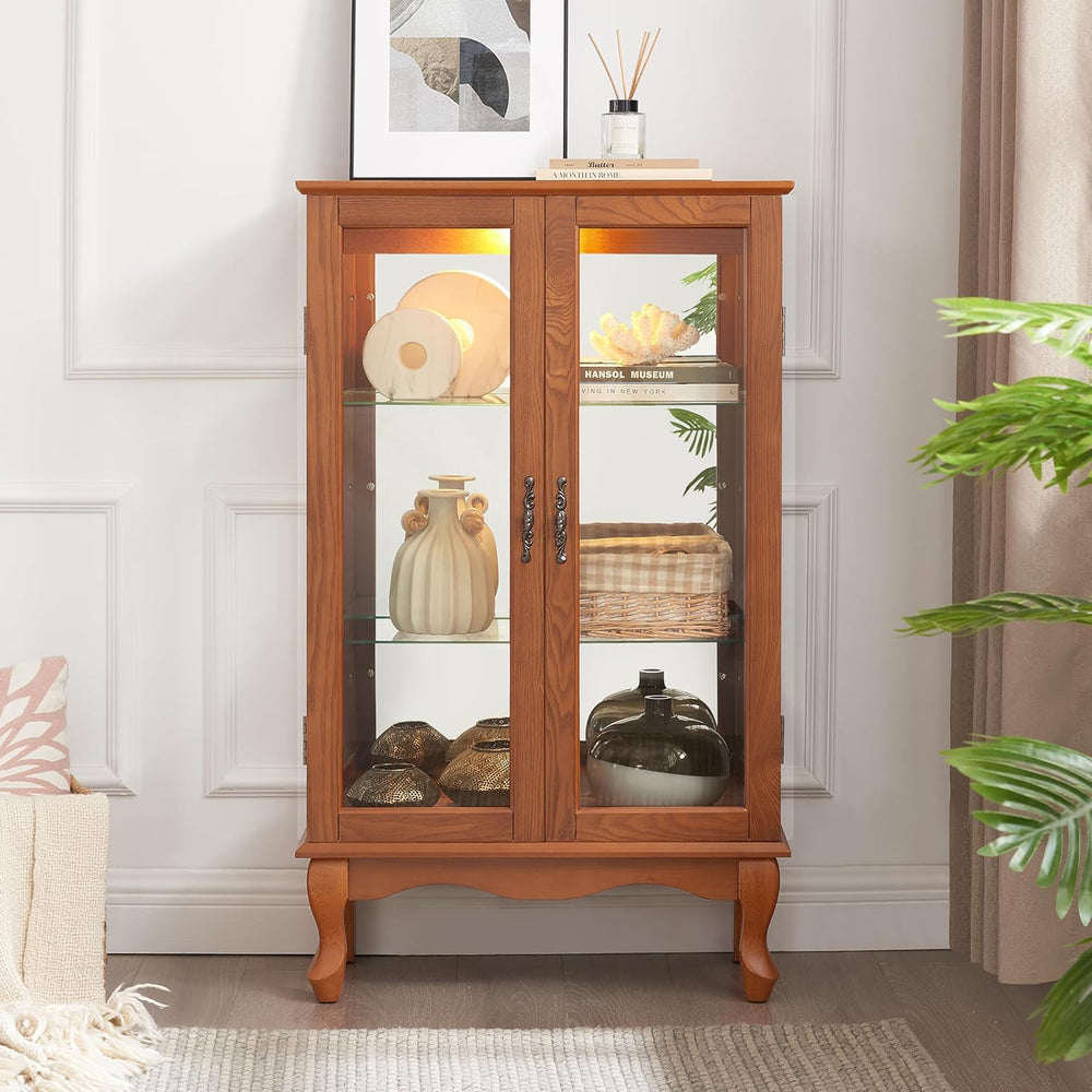 3-Tier Lighted Glass Display Curio Cabinet with 2 Tempered Glass Doors,Curio ...