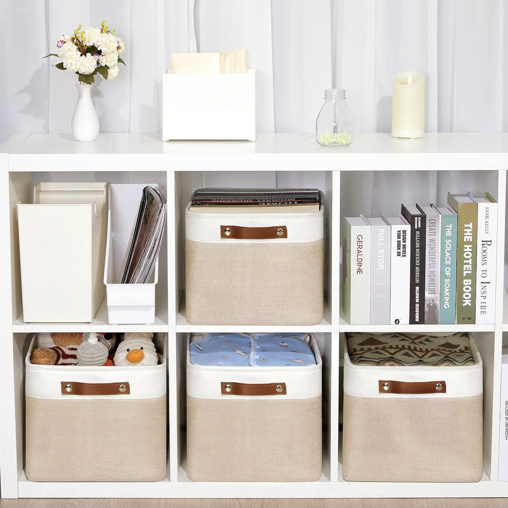 DULLEMELO Fabric Storage Bins for Laundry, Home, Foldable Storage Baskets for Shelves, Toys, Collapsible Storage Bins for Office, Closet,Bedroom(White&Khaki,15"x11"x9.5",4-Pack)
