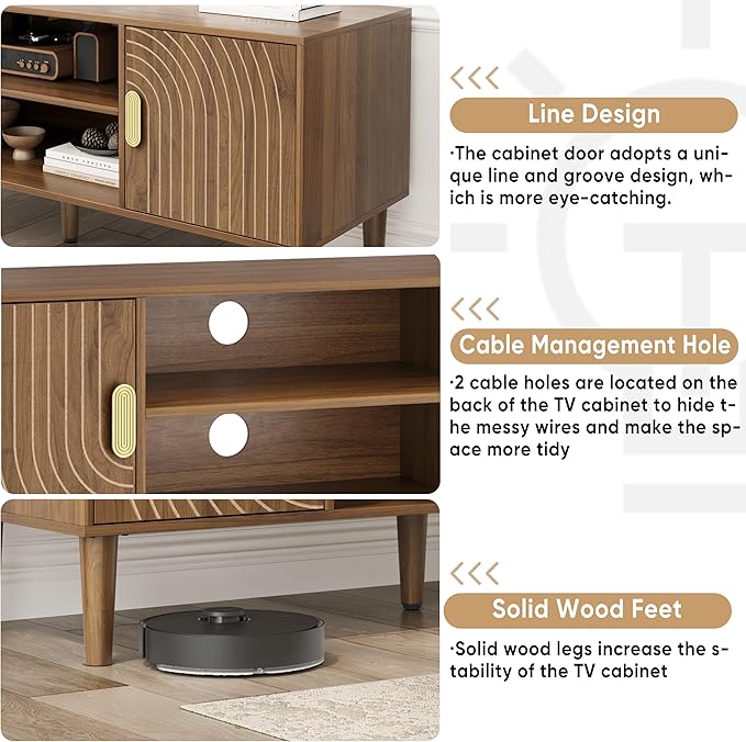 Smuxee Walnut TV Stand with Line Groove Design, 47.2" Mid Century Modern...