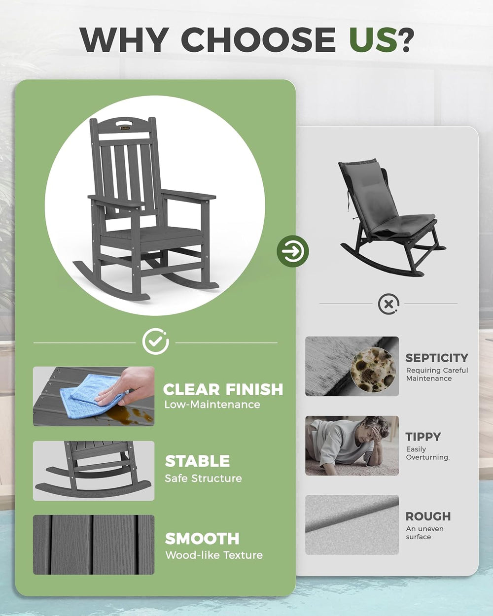 Oversized Outdoor Rocking Chair, HDPE All Weather Resistant Patio Rocking Cha...