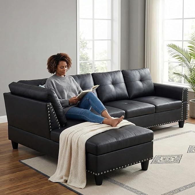 Sectional Couches for Living Room with Movable Chaise & Storage Ottoman - 97.5" Leather L Shaped Couches for Living Room Apartment, Home Modular Sectional Sofas with Cup Holder, Black