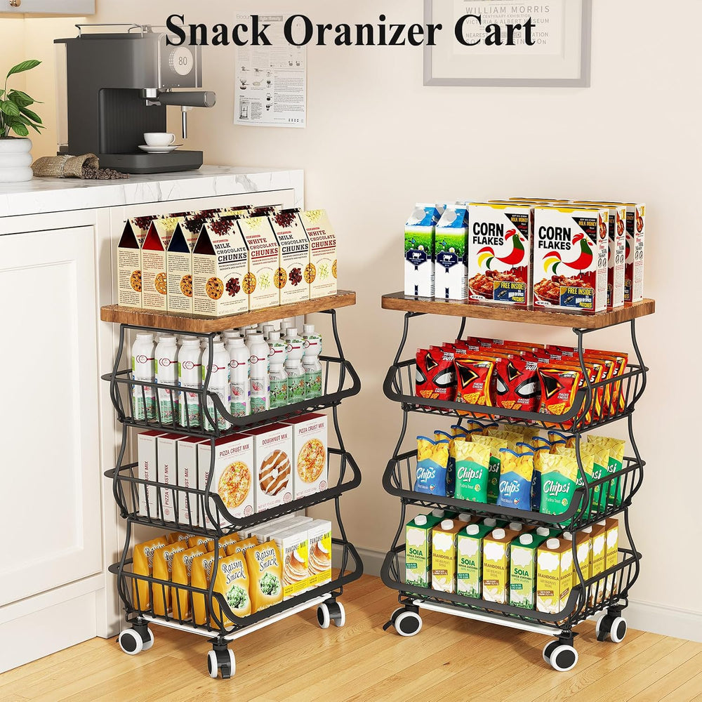 SAYZH 4-Tier Fruit and Vegetable Basket Stand for Kitchen, Wood Top, Black | ...