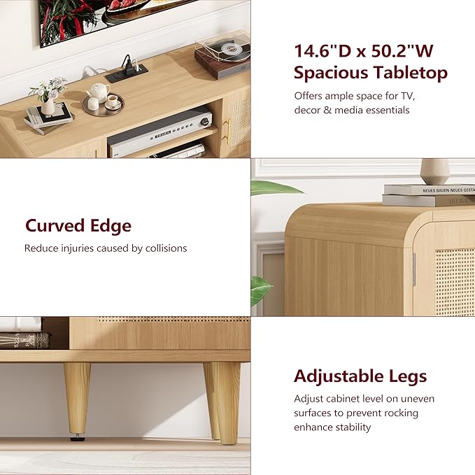 Rattan TV Stand for 60 Inch TV, Entertainment Center with Charging Station, Adjustable Shelf & 2 Storage Cabinet, Boho TV Console, Modern Media Console for Living Room, Bedroom Natural