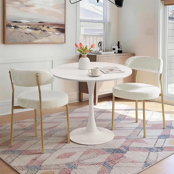 SoarFlash Kitchen Table and Chairs for 2, 31.5" Dining Table Set for 2 with Boucle Upholstered Chairs, 3 Piece Round Kitchen Table Set, Dining Room Table Set for Small Space, Apartment, Beige/White