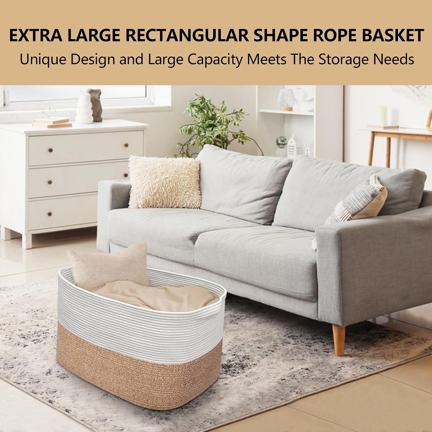 MEGASKET 108L Super Large Blanket Basket, 25" x 16" x 16" Woven Jumbo Basket for Blankets, Toys, Laundry, Extra Large Cotton Rope Pillow Holder Organizer, Entryway Shoes Bin, Living Room Storage