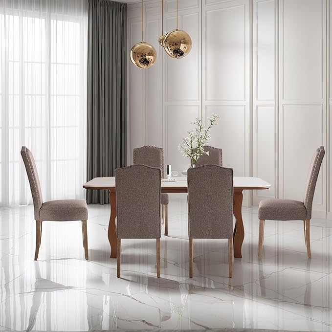 Upholstered Dining Chair Modern Stylish Parsons Kitchen Diner High Back with Silver Nailhead Trim & Wood Legs, Set of 2, Fabric Brown