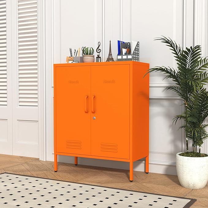 Wide Multipurpose Metal Storage Cabinet with Lockable Design & 2 Adjustable Partitions, Thickened Steel & Sturdy Construction for Home, Living Room & Office Orange 33" H X 29.5" W X 13.8" D