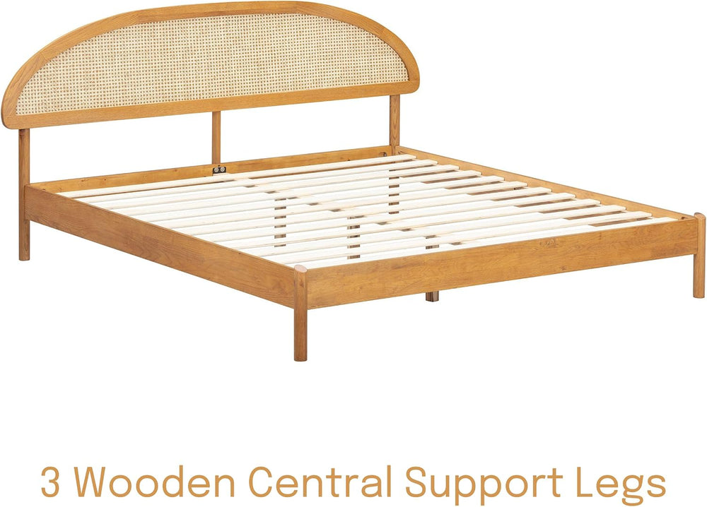 NTC Gem Wooden Bed Frame with Headboard and Natural Rattan, Solid Oak/Rubber ...