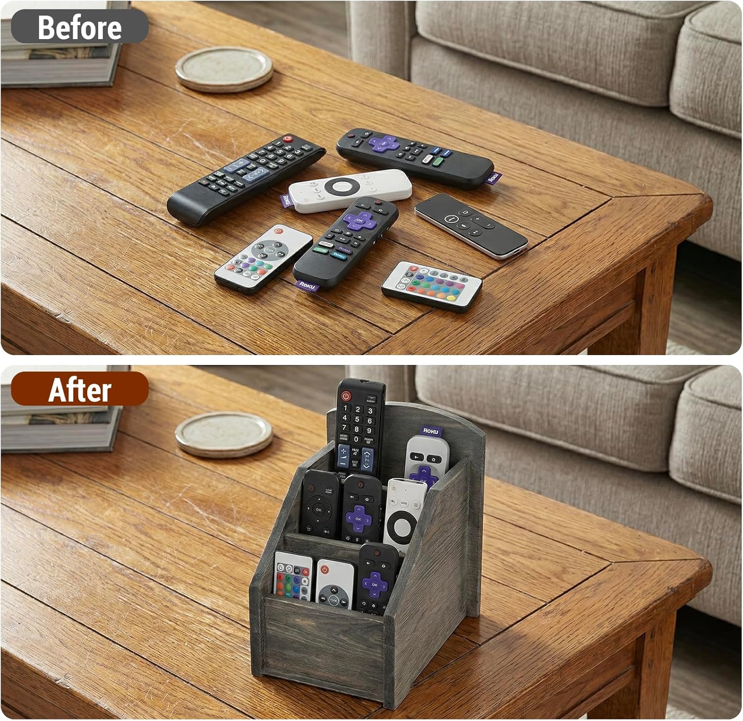 MyGift Rustic Dark Gray Wood Remote Control Holder Organizer Caddy with 3 Compartments, TV & Media Remote Storage Box for Living Room
