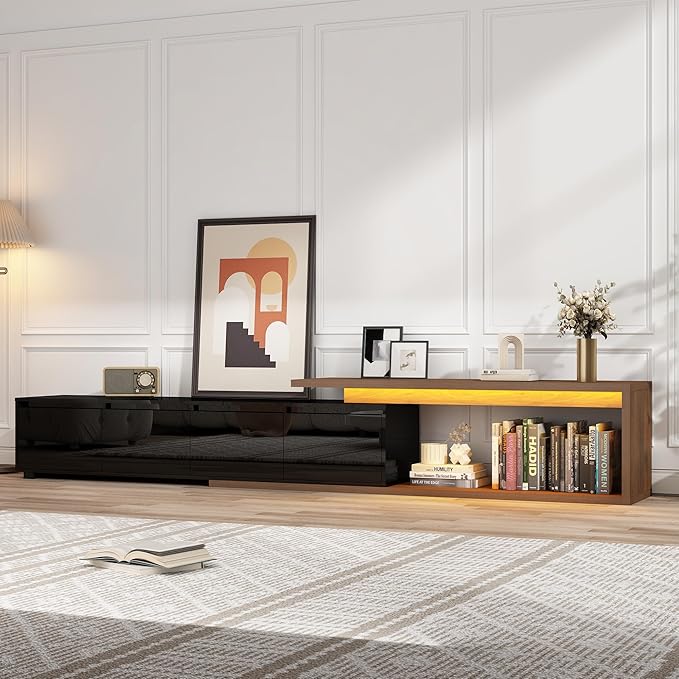 Extendable TV Stand with LED Light, Modern Entertainment Center for up to 120 Inch TV, Wood TV Media Console with 2 Drawers & 2 Cabinets for Living Room Bedroom, 75"-110", High Gloss Black & Walnut