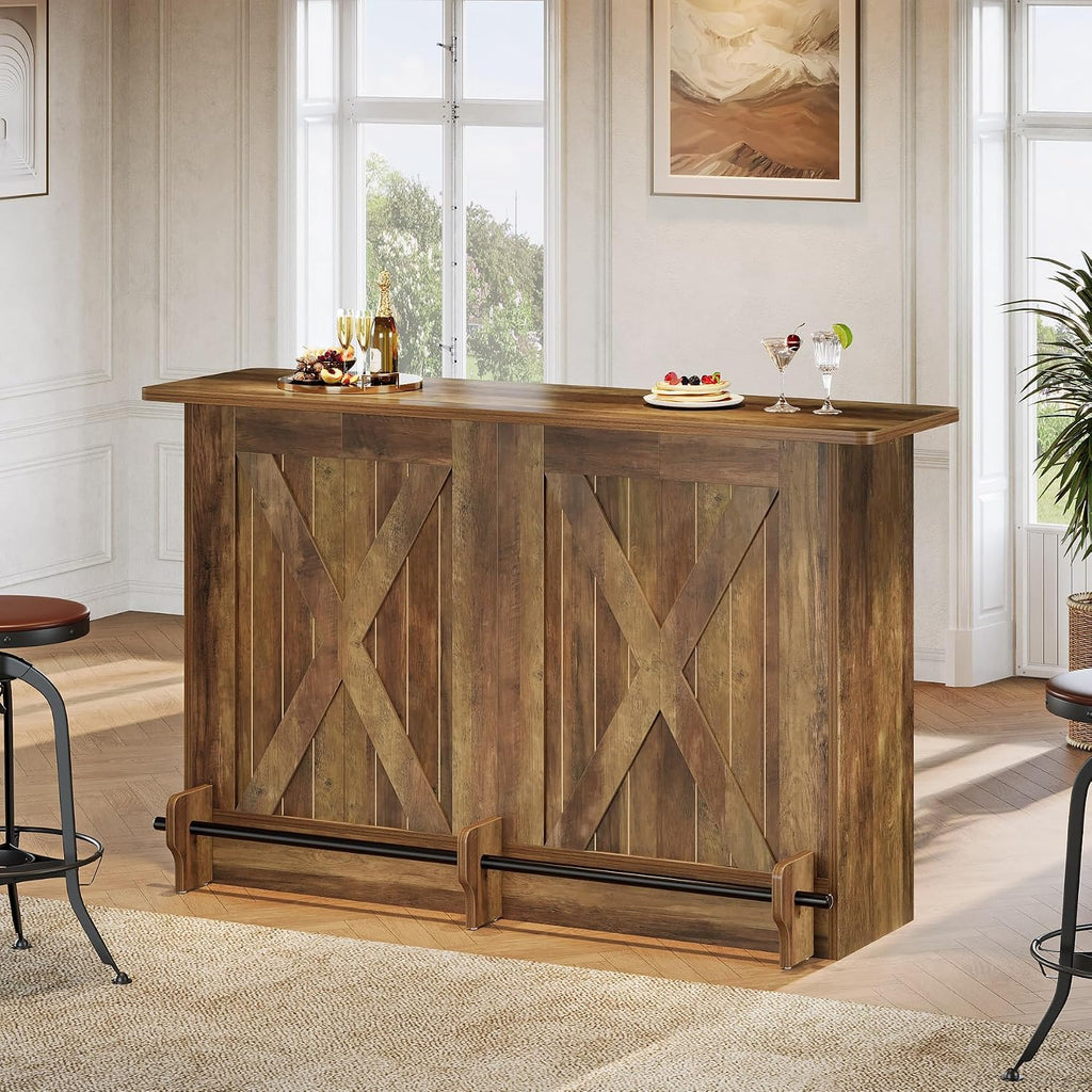 Tribesigns 63'' Bar Table, 2-Tier Bar Cabinet Pub Table with Footrest | Modern Coffee Cabinet for Home Kitchen, Bar Height Table for Bistro, Dining Room, Living Room (1, Brown)