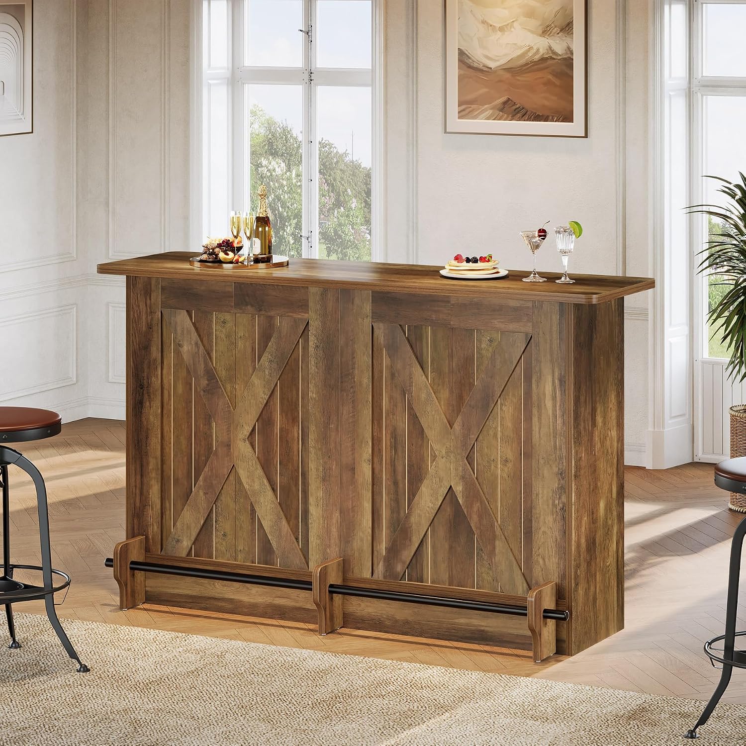 Tribesigns 63'' Bar Table, 2-Tier Bar Cabinet Pub Table with Footrest | Modern Coffee Cabinet for Home Kitchen, Bar Height Table for Bistro, Dining Room, Living Room (1, Brown)