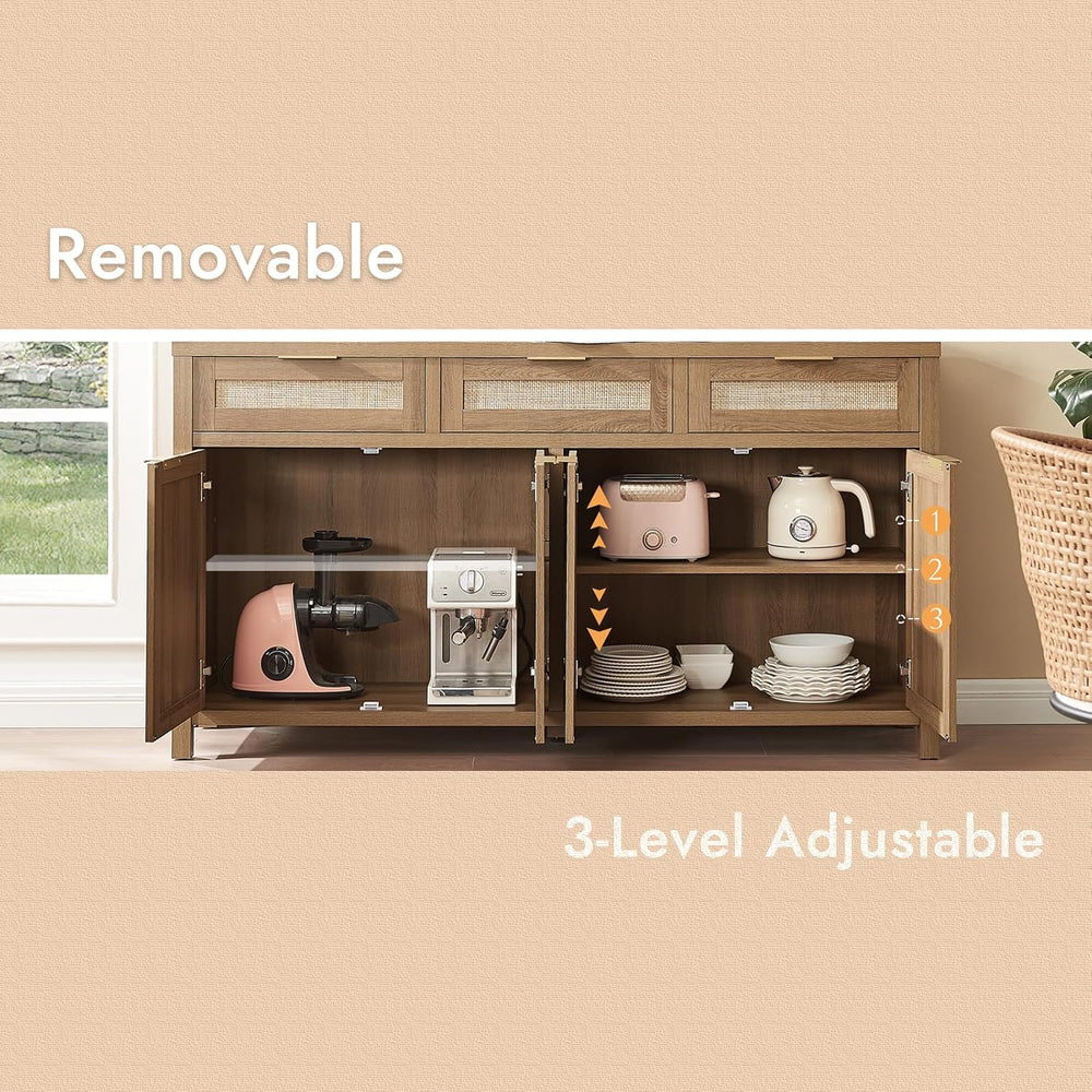 HOKYHOKY 63" Rattan Sideboard Buffet Cabinet, Boho Storage Cabinet | Adj...