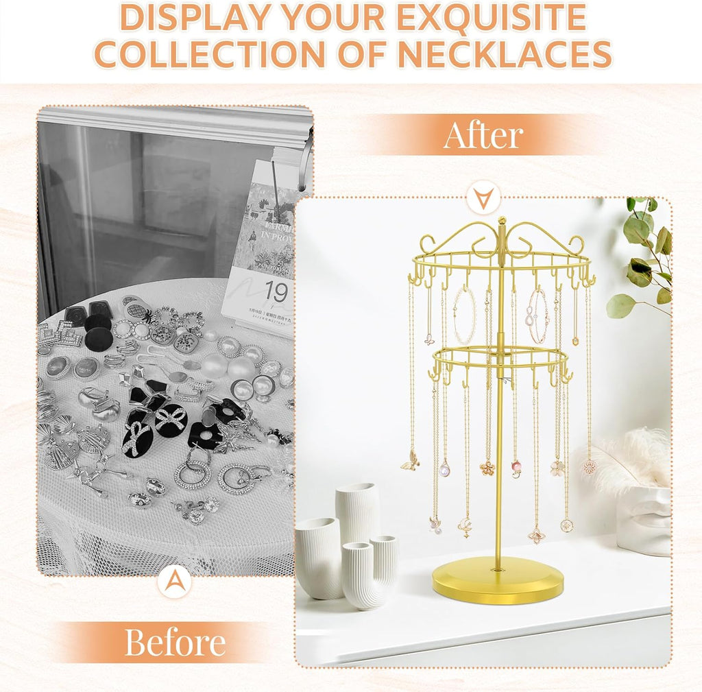 iDavosic.ly 2 Tier Rotating Necklace Holder Organizer with 42 Hooks, Adjustable Metal Bracelet Display Stand Rack, Extra Tall Keychain Spinning Tree Tower for Women, Gold