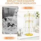 iDavosic.ly 2 Tier Rotating Necklace Holder Organizer with 42 Hooks, Adjustable Metal Bracelet Display Stand Rack, Extra Tall Keychain Spinning Tree Tower for Women, Gold