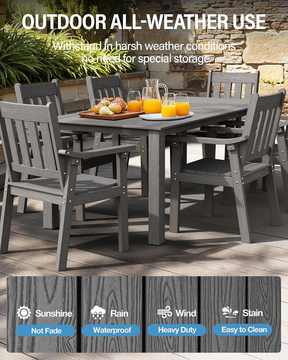 YEFU 7-Piece Patio Table Set, All-Weather HIPS, Metal Aluminum Frame, Gray