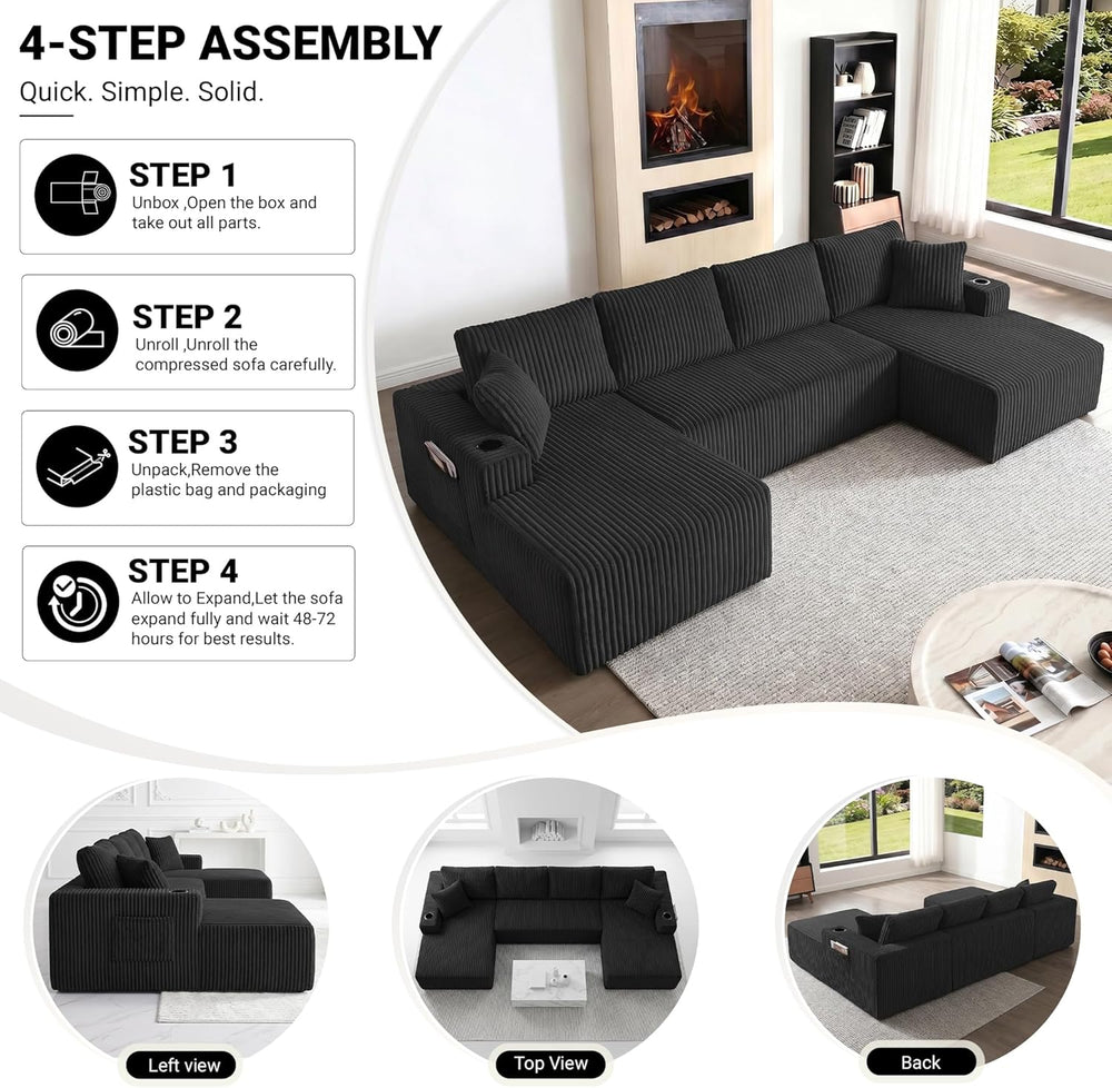 ivoros 125" Cloud Couch Sectional, Modular Sofa with Cup Holder and Stor...
