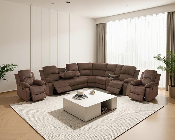 Manual Recliner Sectional Sofa Set, Fabric L-Shaped Living Room Furniture Sets, Reclining Sectional Corner Couch and 2 Reclining Chairs Set for Home Office (Brown, Sectional + 2 Chairs)
