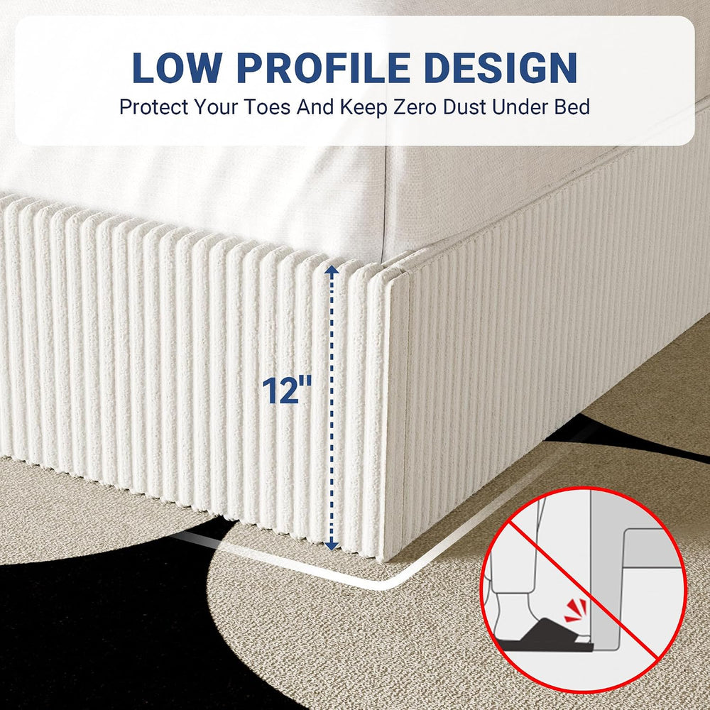 Allewie Queen Bed Frame, Adjustable Corduroy Headboard, Platform, White