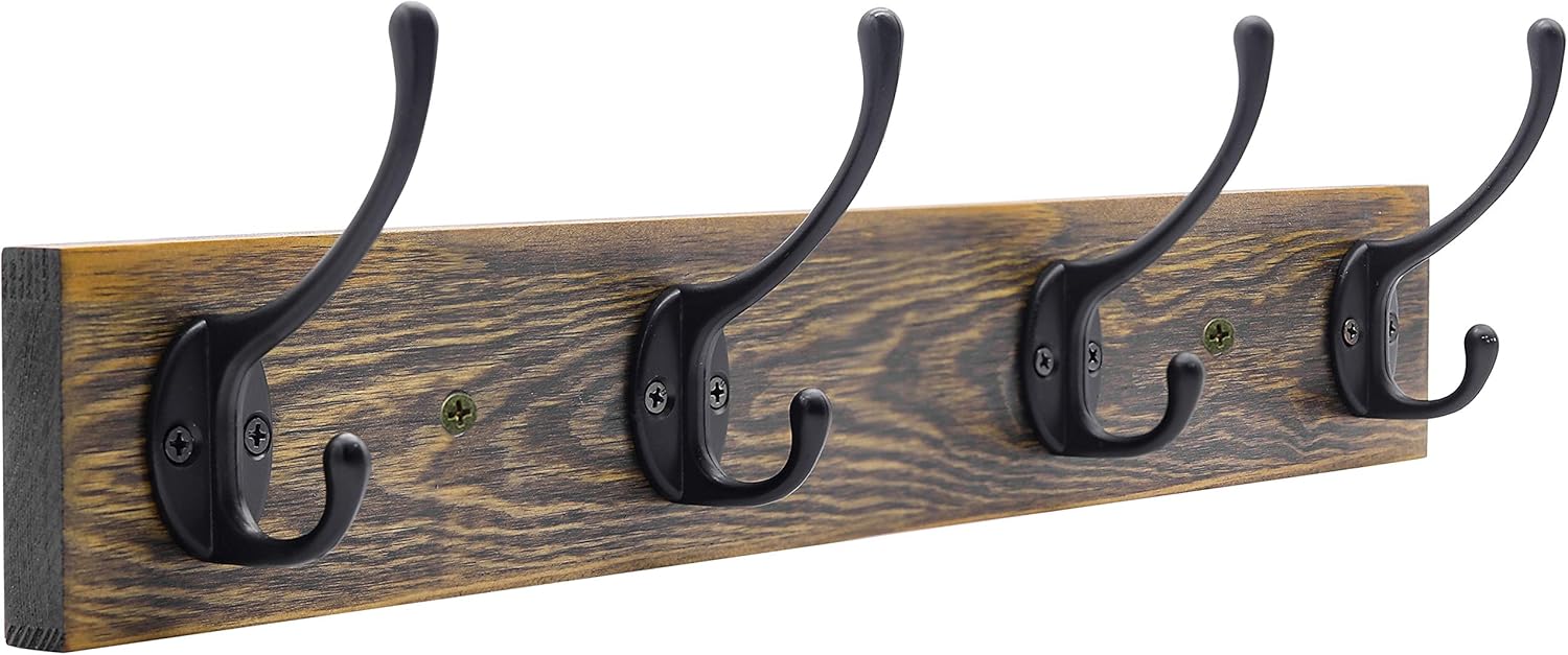 IBosins Wall Mounted Coat Rack, Entryway Hanging , Metal Wood Rack with 4 Black Literary Rustic Hooks Rail for Scarf, Bag, Towel, Key, Cap, Cup, Hat (Brown)