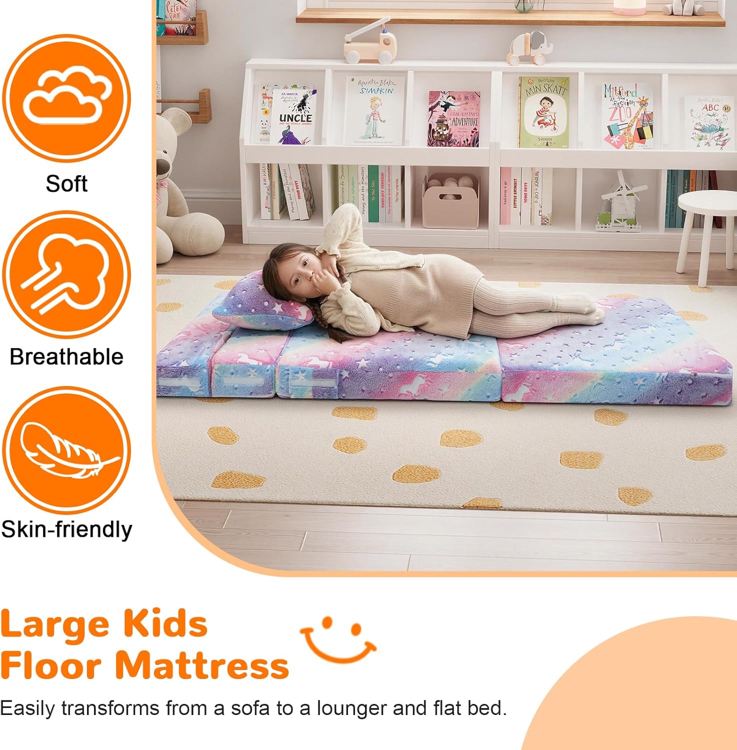 MeMoreCool Glow Rainbow Unicorn Tri-fold Sofa Bed for Kids, Foldable Futon Mattress, Chair, and Floor Couch for Playroom