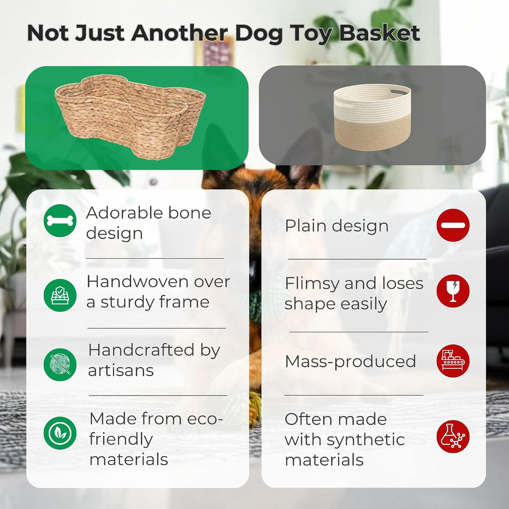OtterPets Dog Toy Basket, Hyacinth Cat & Dog Bone Shaped Basket, Wicker Pet Toy Bin Organizer, Dog Toy Bin (Large (23"x15"))