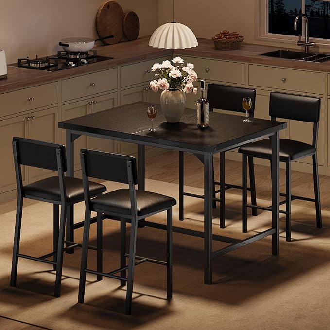 IDEALHOUSE Dining Table Set for 4 w/Footrest & Corner Protector, 5-Piece Kitchen Table Set with Counter Height Table & 4 Upholstered Bar Stools, for Kitchen Room, Apartment, Pub, Retro Black