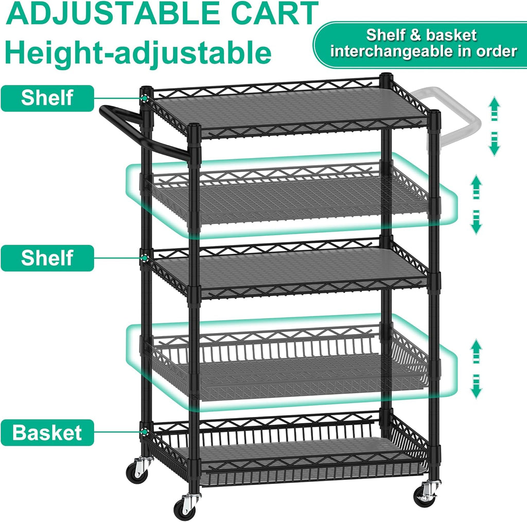 3 Tier Rolling Cart with Wheels, Metal Utility Cart for Storage Heavy Duty Wire Trolley for Kitchen Serving Grocery Food with 3 Shelf Liners 6 Hooks, 18 x 23.8 x 37 Inches, Black