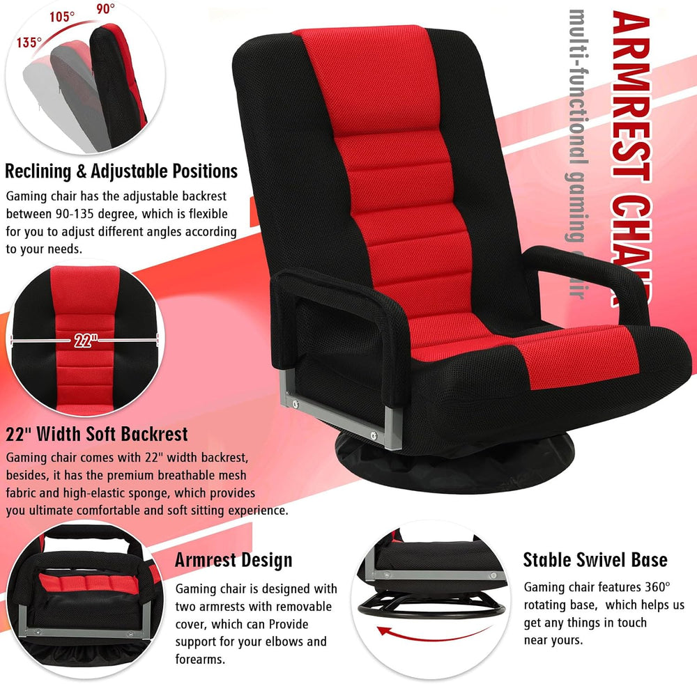 Swivel Floor Gaming Chair w/Armrests,Folding Video Reclining Sofa w/6 Adjusta...