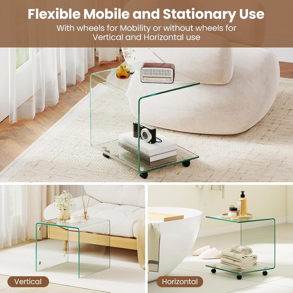 BECOMFORT Tempered Glass C-Shape End Table, Rolling Side Table with 4 Lockabl...