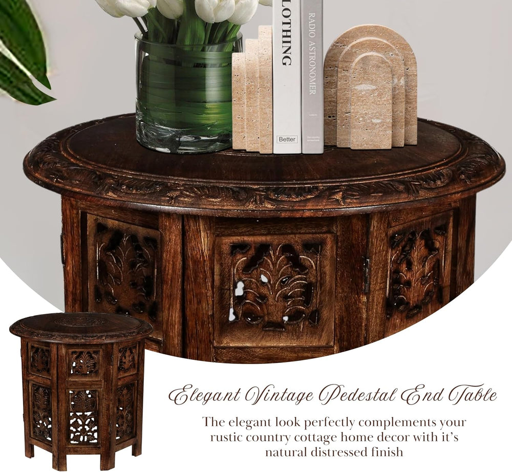 Round Wood Coffee Table - 18” Carved Small Accent Side Table with Burnt Finis...