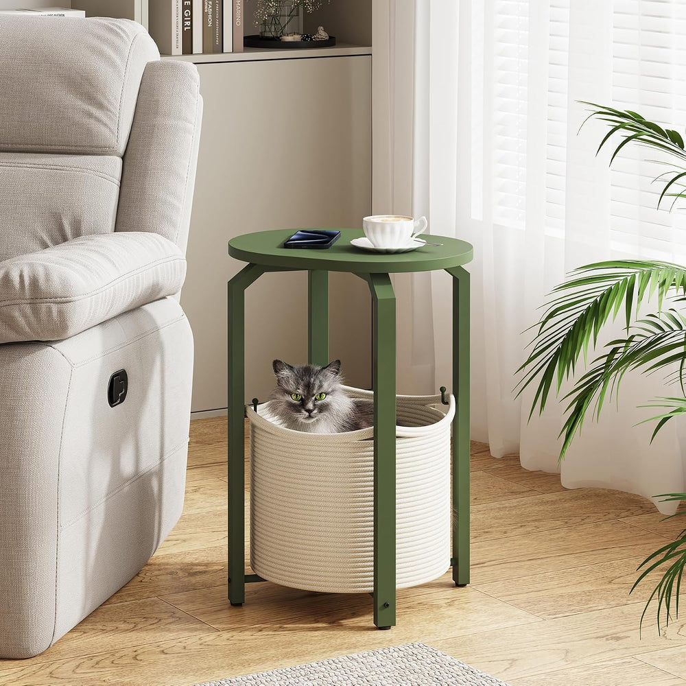 TUTOTAK Oval End Table with Woven Storage Basket, Olive Green Small Side Tabl...