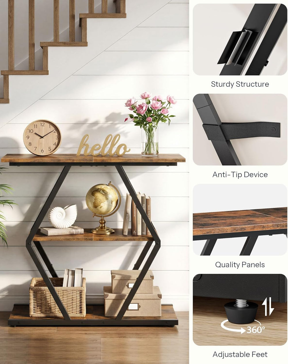 CHOEZON 3-Tier Console Table, Entryway Table, Sofa Table with Open Shelves, D...