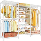 E16 Heavy Duty Clothing Rack（With 7-Tier Adjustable Shoe Rack） Freestanding Clothes Rack for Hanging Clothes，Metal Closet Storage Organizer Large Wardrobe，69'' W x 15.8'' D x 76.2'' H，White