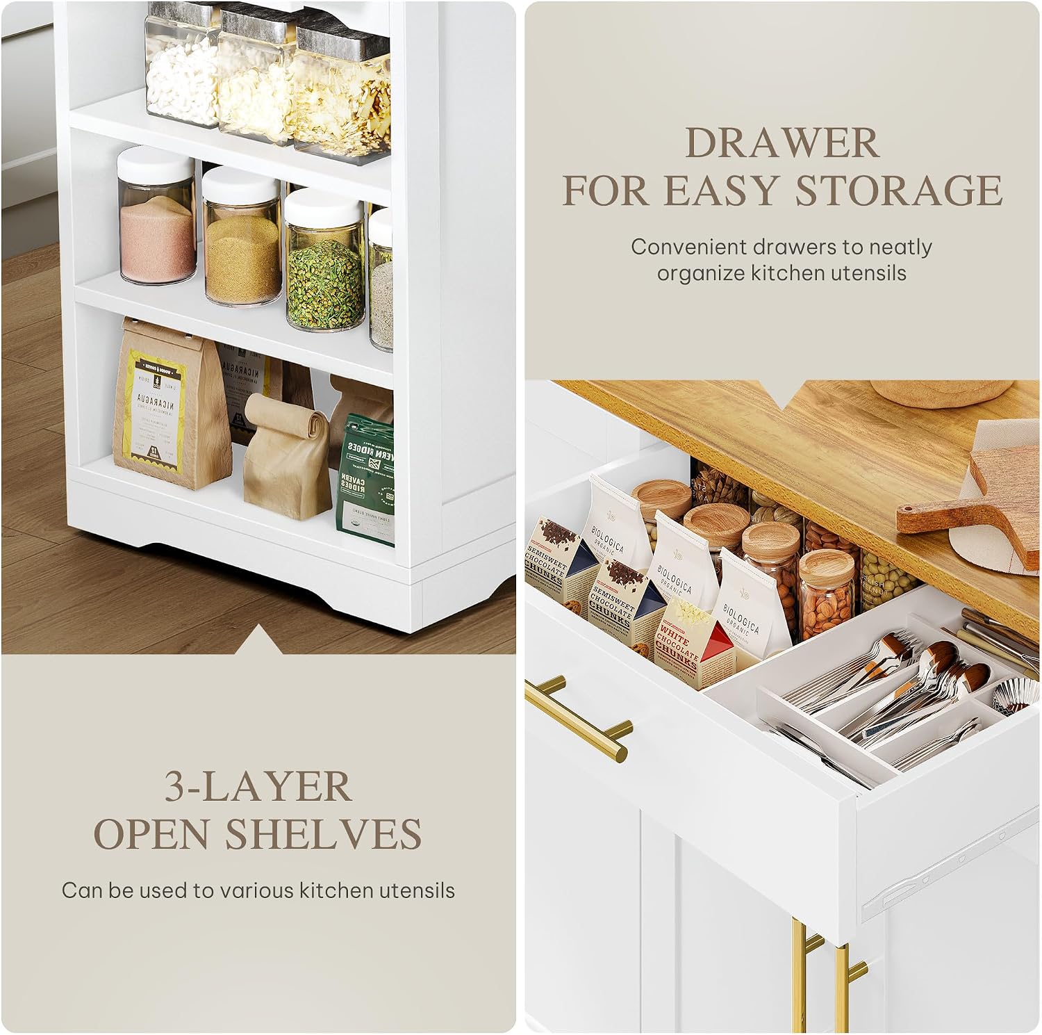 DWVO Large Kitchen Island with Trash Can Cabinet | 53 Inch Kitchen Island on Wheels, Rolling Island with Tilt‑Out Garbage Storage Fits 13 Gallon Bin